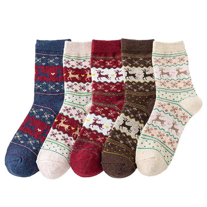 Christmas Socks 5Pairs Wool Socks Mid-tube Socks Fun Cute Socks With Santa Reindeer Pattern Women's Christmas Theme Gift Box