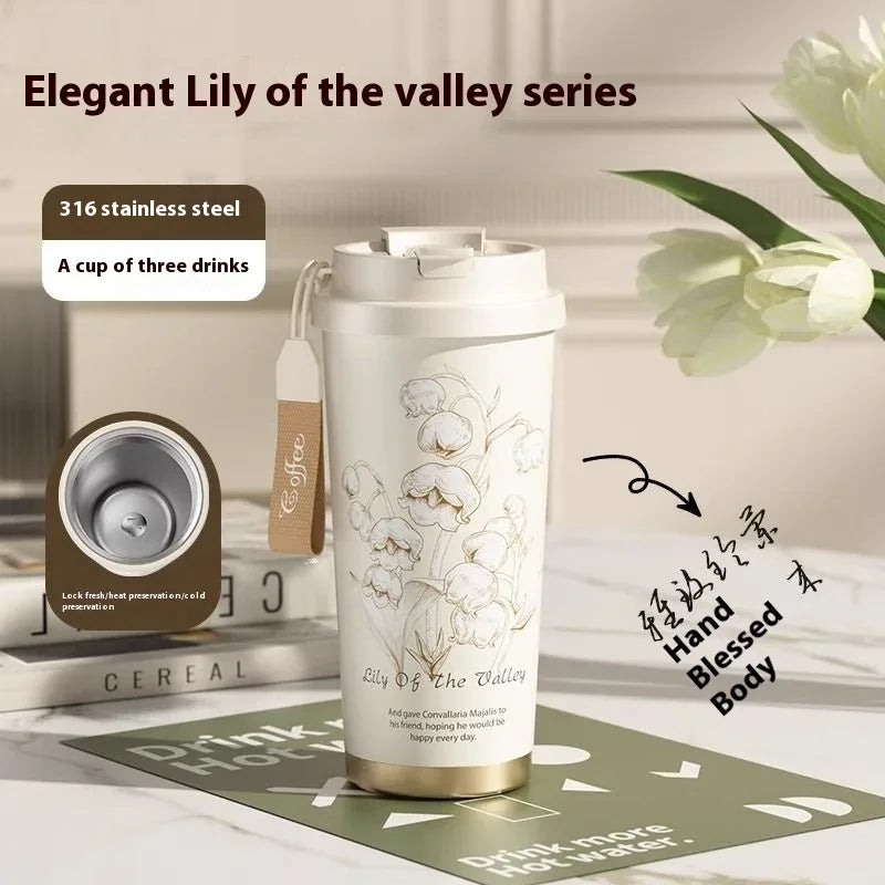 Lily Of The Valley Design Travel Portable Leakproof Coffee Cup Stainless Steel Insulated Bottle Cold Cup Handy Cup